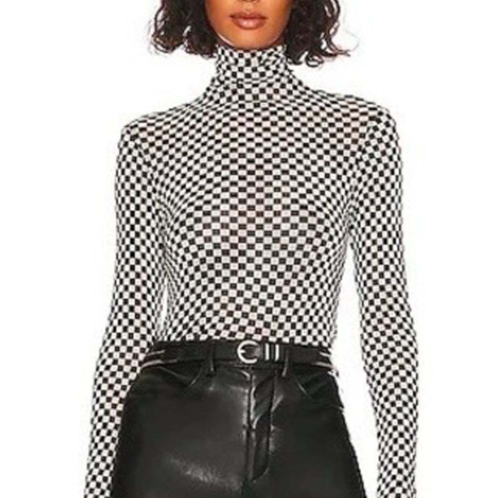 Enza Costa Black and White Checkered Long Sleeve Mesh Top
